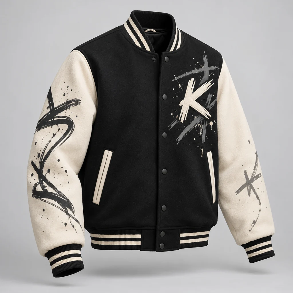 Tagline Varsity Jacket in Black / Cream, front view